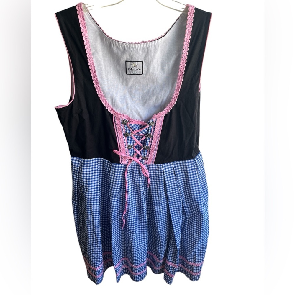 Blue Gingham Dirndl Dress with Pink Trim